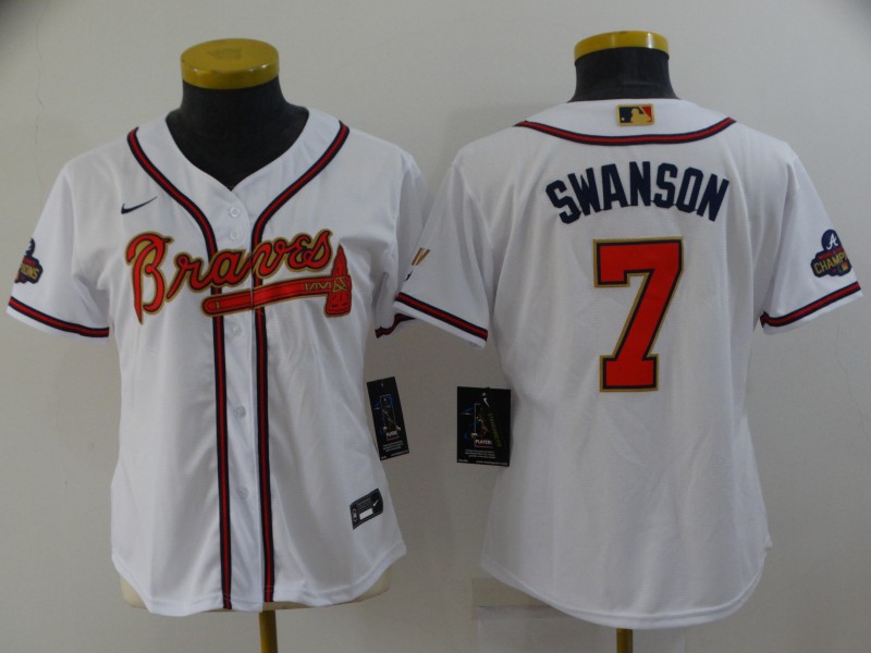 Atlanta Braves SWANSON #7 White Women MLB Jersey 02