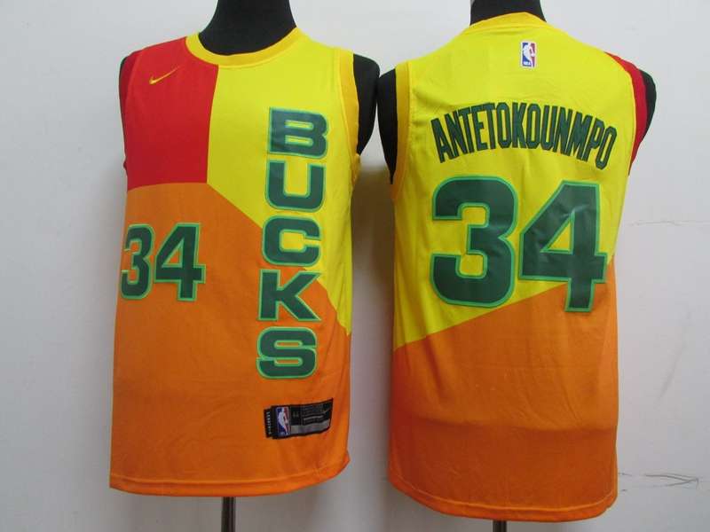 Milwaukee Bucks ANTETOKOUNMPO #34 Yellow City Basketball Jersey (Stitched)