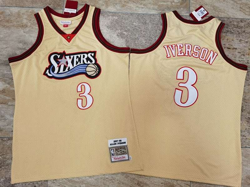 Philadelphia 76ers 97/98 IVERSON #3 Gold Classics Basketball Jersey (Closely Stitched)