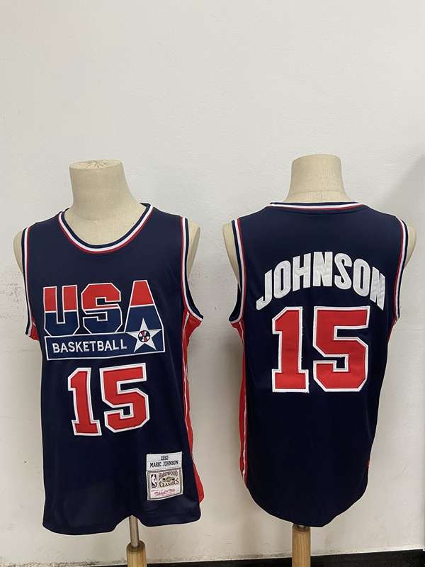 USA 1992 JOHNSON #15 Dark Blue Classics Basketball Jersey (Stitched)