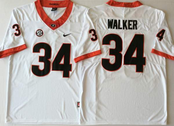 Georgia Bulldogs White WALKER #34 NCAA Football Jersey