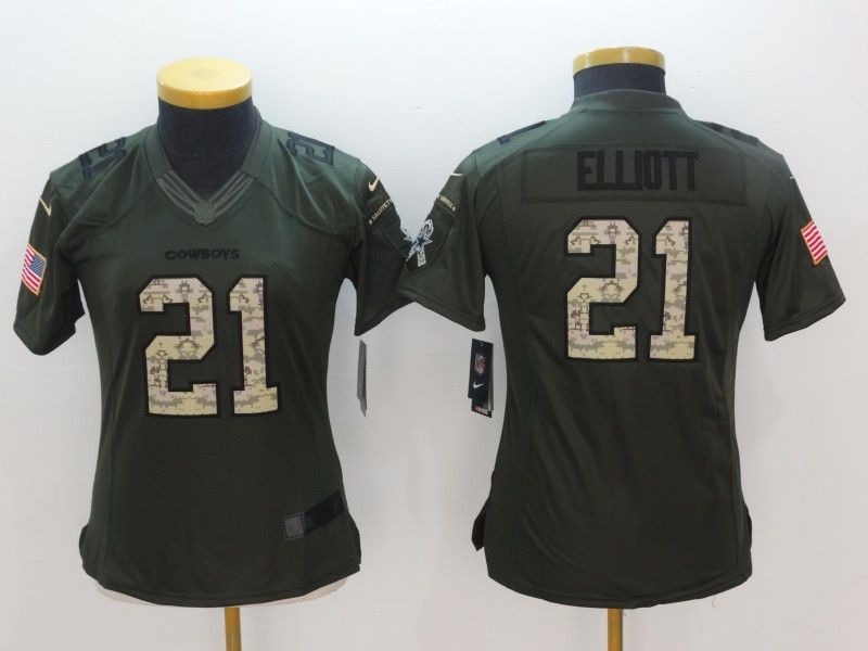 Dallas Cowboys ELLIOTT #21 Olive Salute To Service Women NFL Jersey 05