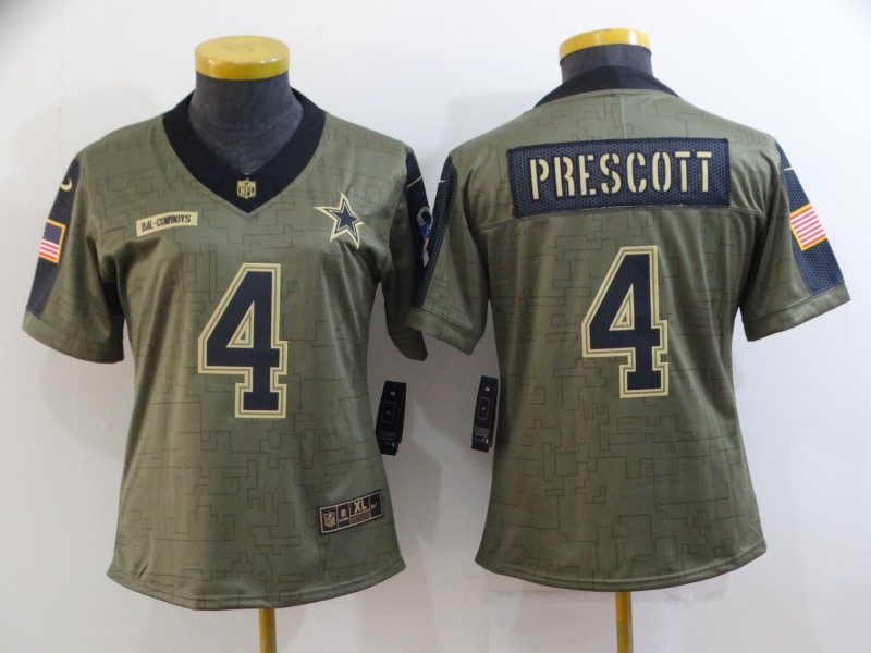 Dallas Cowboys #4 PRESCOTT Olive Salute To Service Women NFL Jersey 06