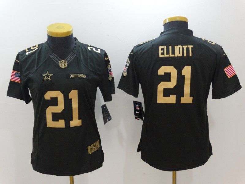 Dallas Cowboys ELLIOTT #21 Black Gold Salute To Service Women NFL Jersey 02