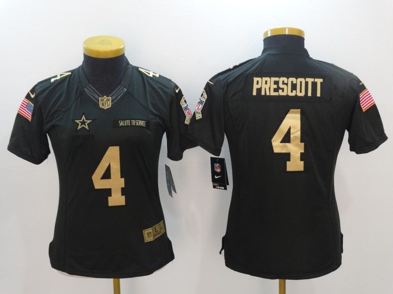 Dallas Cowboys PRESCOTT #4 Black Gold Salute To Service Women NFL Jersey 02
