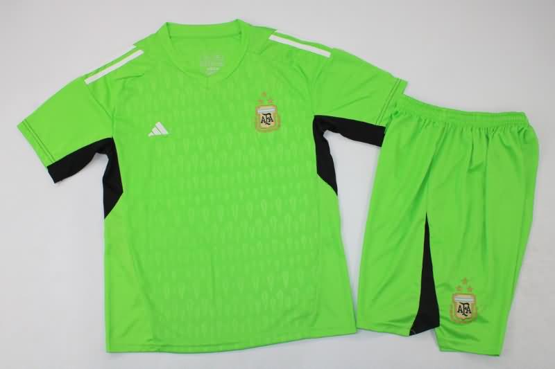 Argentina 2022 Kids Goalkeeper Green 3 Stars Soccer Jersey And Shorts