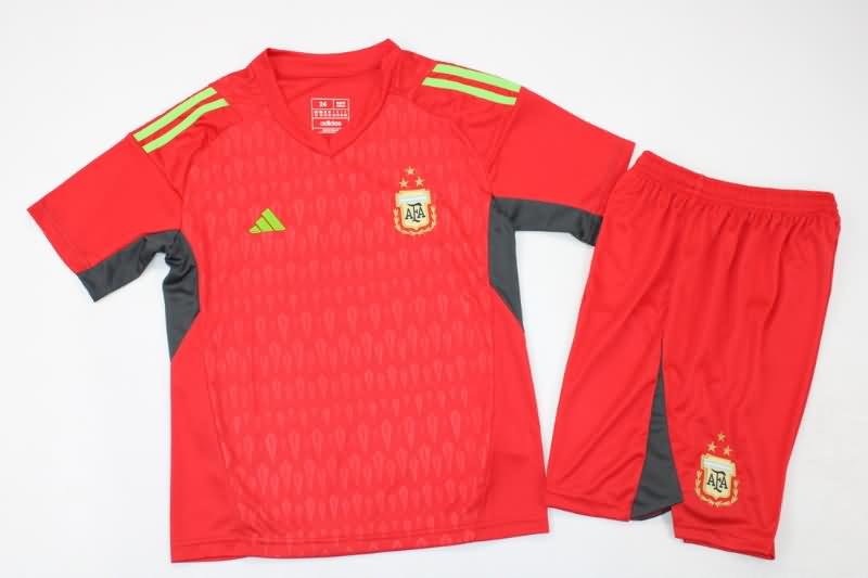Argentina 2022 Kids Goalkeeper Red 3 Stars Soccer Jersey And Shorts