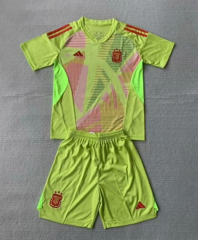 Argentina 2024 Kids Copa America Goalkeeper Yellow Soccer Jersey And Shorts