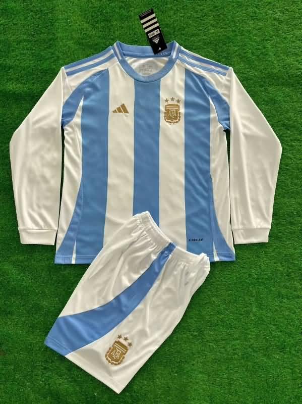 Argentina 2024 Kids Copa America Home Long Sleeve Soccer Jersey And Shorts