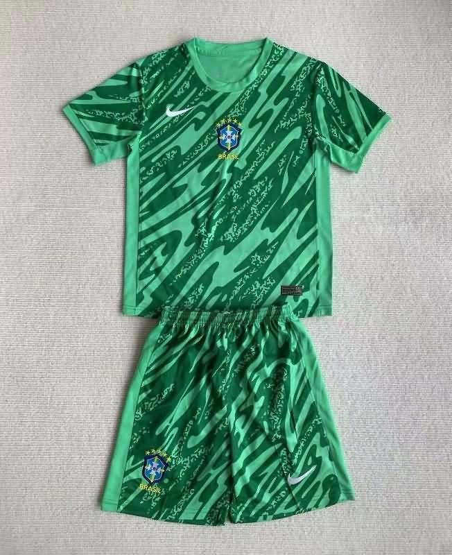 Brazil 2024 Kids Copa America Goalkeeper Green Soccer Jersey And Shorts