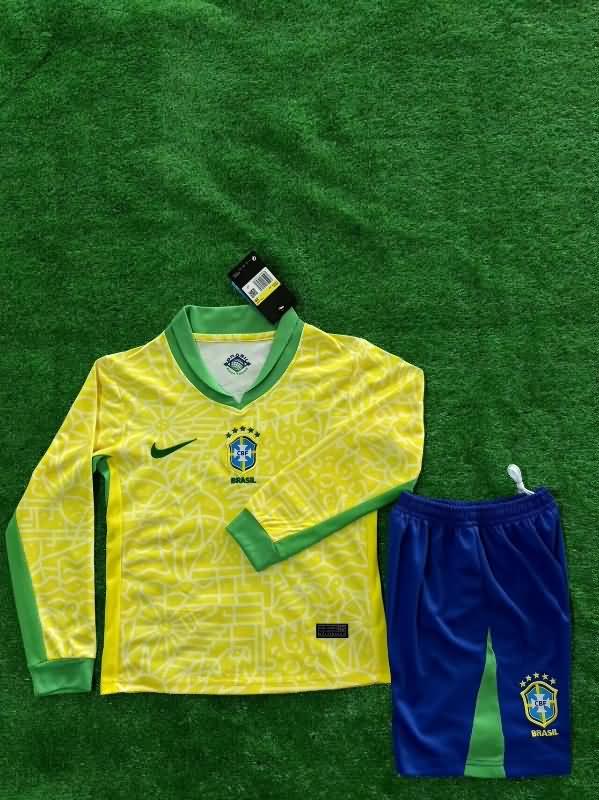 Brazil 2024 Kids Copa America Home Long Sleeve Soccer Jersey And Shorts