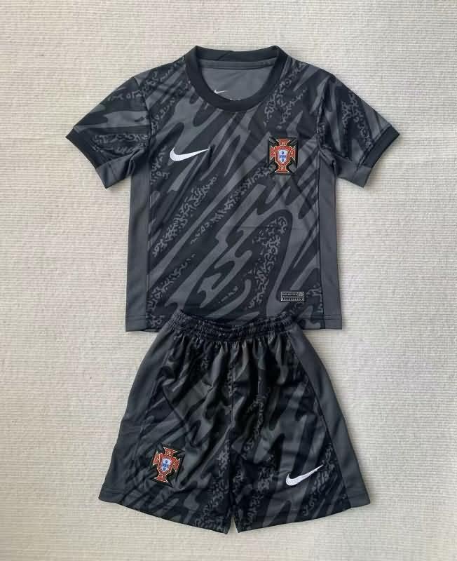 Portugal 2024 Kids Goalkeeper Black Soccer Jersey And Shorts