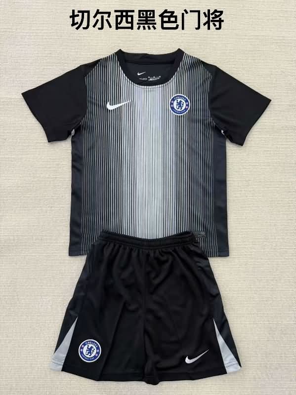 Chelsea 25/26 Kids Goalkeeper Black Soccer Jersey And Shorts