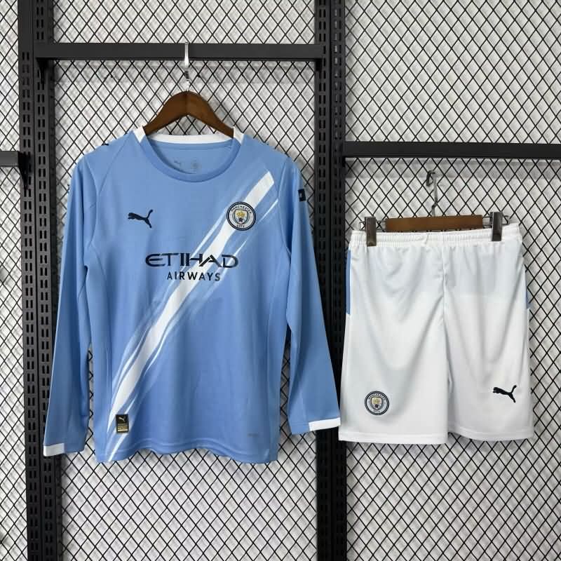 Manchester City 25/26 Kids Home Long Sleeve Soccer Jersey And Shorts
