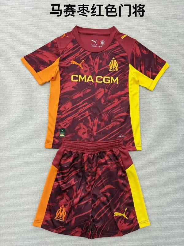 Marseilles 25/26 Kids Goalkeeper Dark Red Soccer Jersey And Shorts