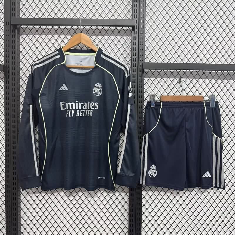Real Madrid 25/26 Kids Away Long Sleeve Soccer Jersey And Shorts