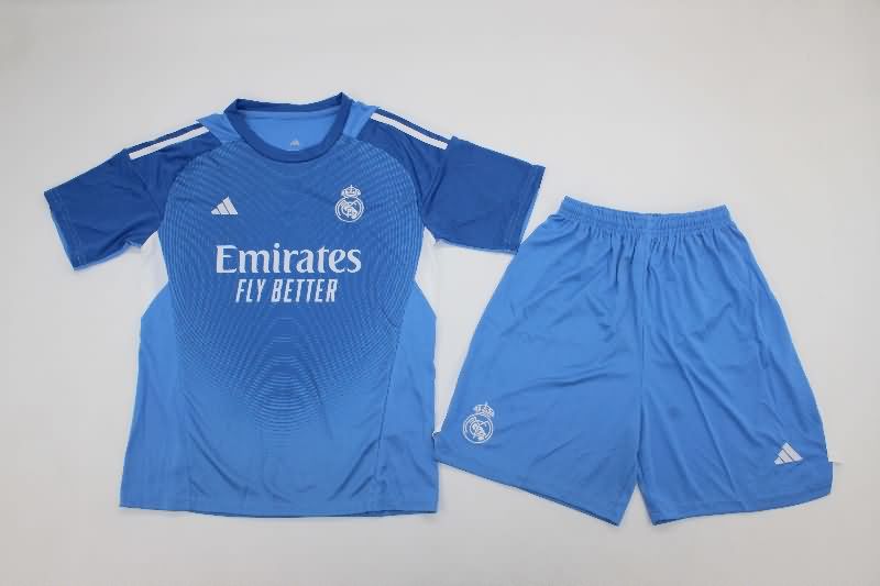 Real Madrid 25/26 Kids Goalkeeper Blue Soccer Jersey And Shorts