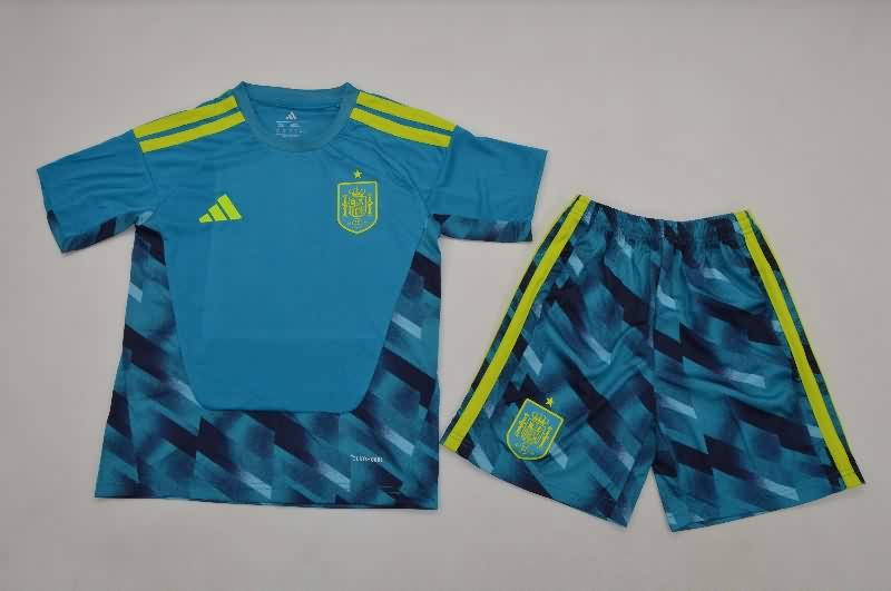 Spain 2026 Kids Goalkeeper Blue Soccer Jersey And Shorts